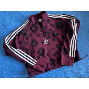 Adidas Women Burgundy Leopard Print Quarter Zip Sweatshirt Cropped Track Jacket